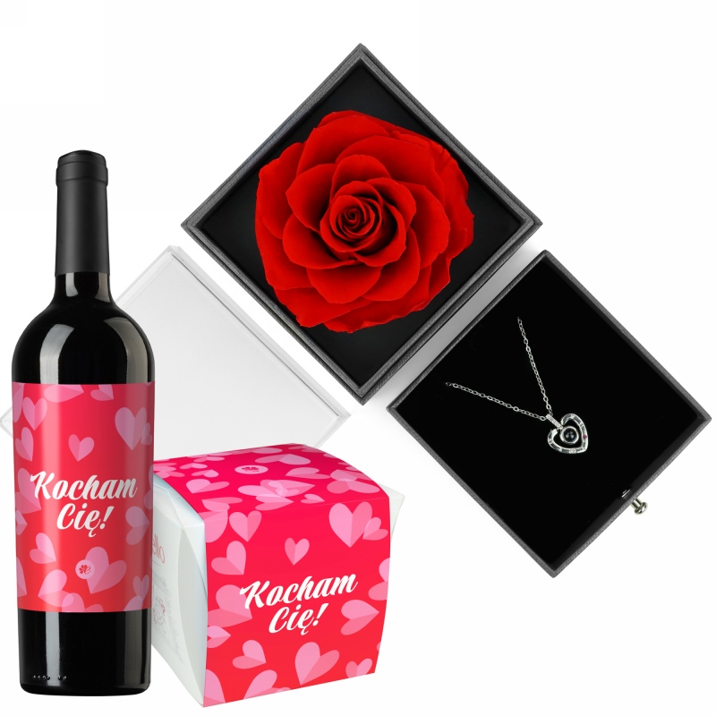 Wieczna róża z naszyjnikiem oraz winem i Raffaello