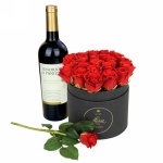FlowerBox z winem - czerwone róże w pudełku (średni)