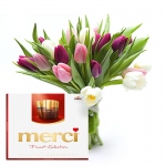 Bukiet kolorowych tulipanów wraz z czekoladkami Merci - Bukiet tulipanów z czekoladkami