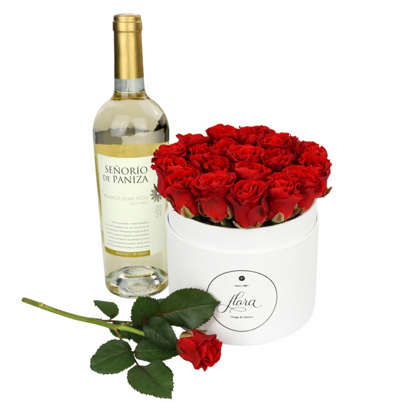 FlowerBox z winem - czerwone róże w pudełku (średni)