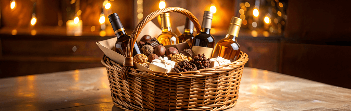 Kosze ze słodkimi upominkami i alkoholem