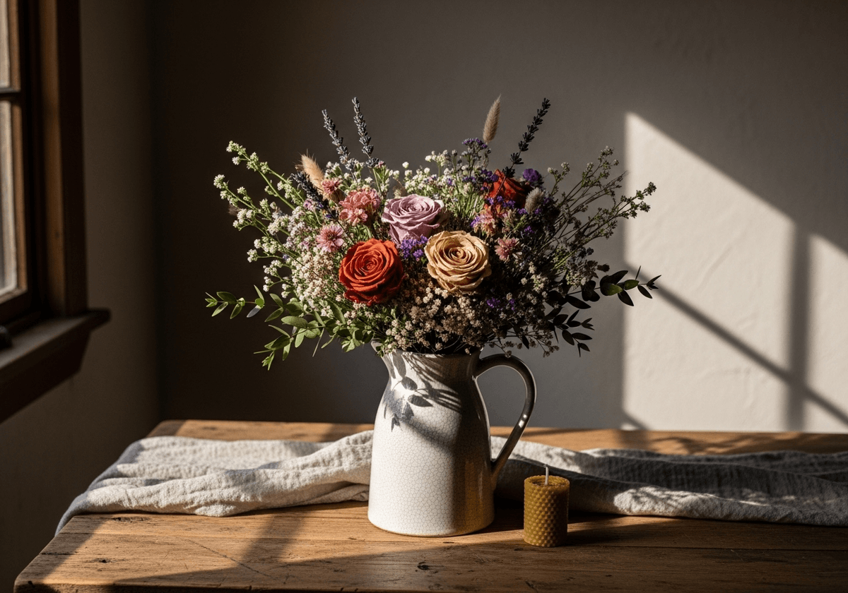 Jakie warunki pokojowe są najlepsze dla wiecznych róż w rustykalnym bukiecie?