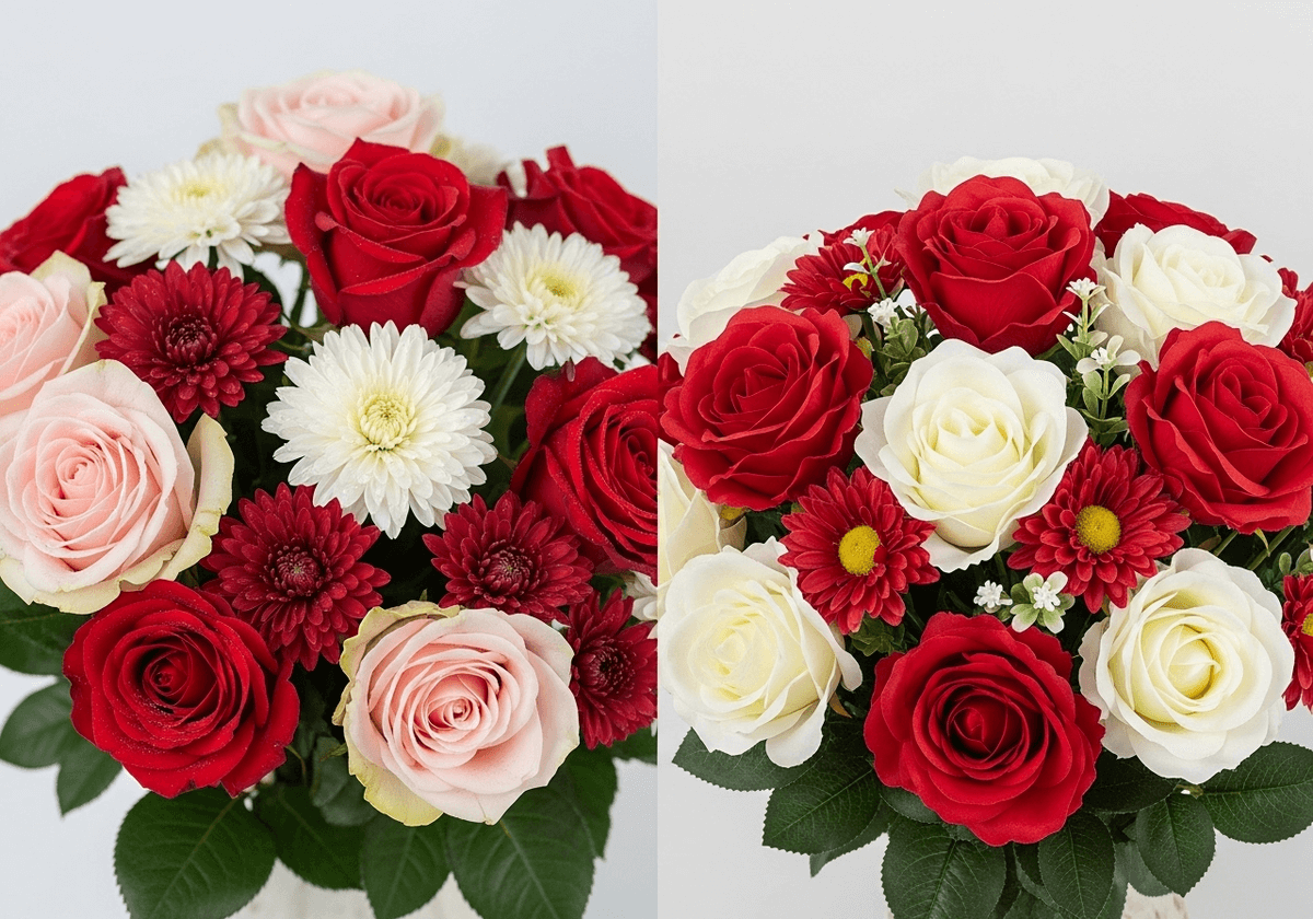 Jakie są różnice między sztucznymi a naturalnymi kwiatami, takimi jak róże i chryzantemy, w stroikach na cmentarz?