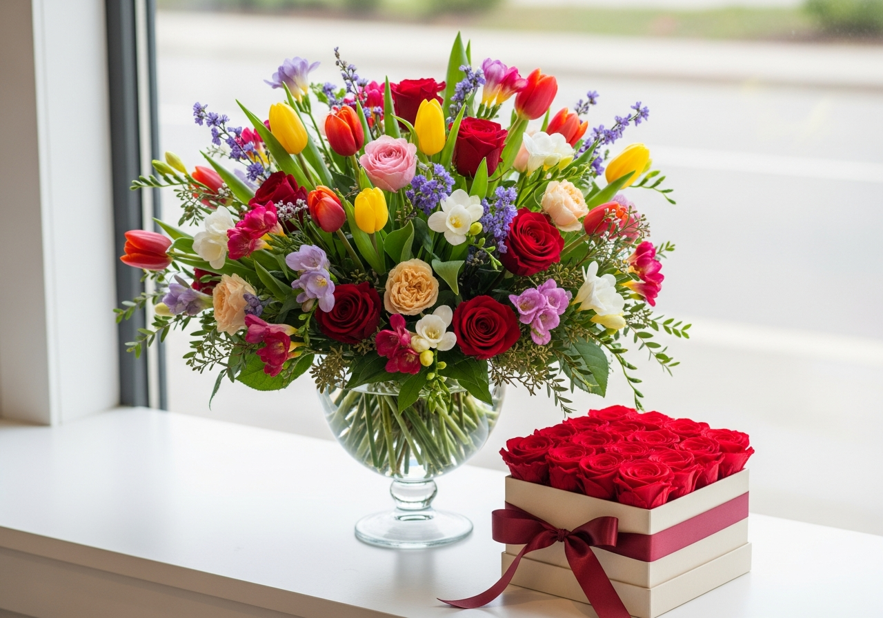 Kwiaty w pudełku (Flower Box) – elegancja na Dzień Kobiet